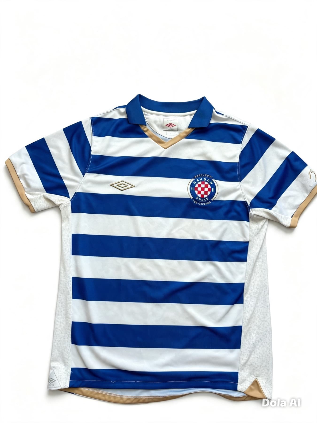 Front of a vintage HNK Hajduk Split 2011 centenary away shirt with blue and white hoops. Features a gold Umbro logo and a commemorative 100-year club crest.